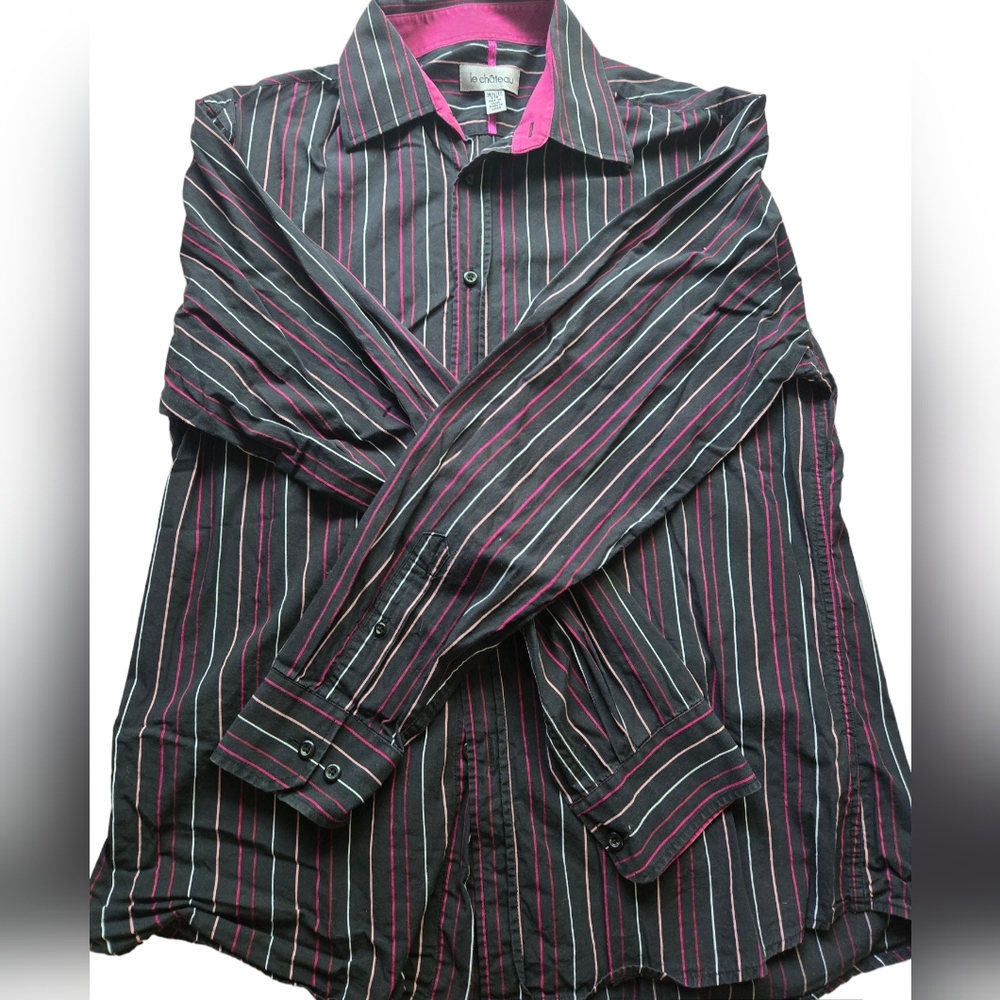 Le Chateau Black Dress Shirt with Pink and White Striped Design
